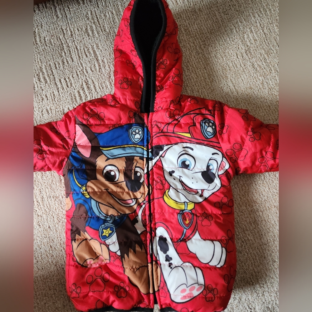 Paw Patrol Red Hooded Kids Puffer Jacket with Chase & Marshall Double Sided 4T